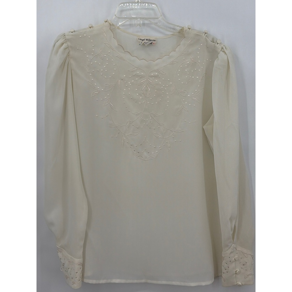 Lloyd Williams Vintage Cream Hand Embroidered Blouse Long Sleeve Scallop Neck 12